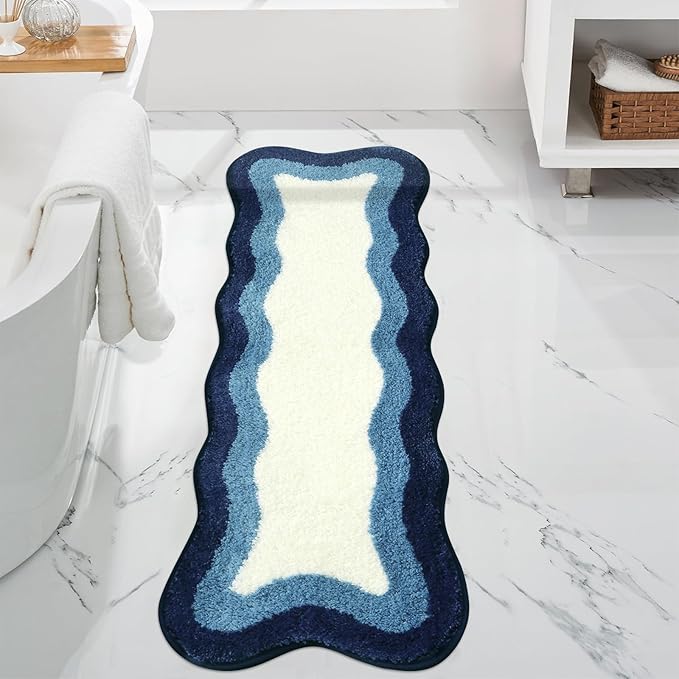 HAOCOO Bathroom Runner Rug 18x47 inch, Luxury Soft Non-Slip Long Bath Mat, Microfiber Machine Washable Blue Rug Runner Floor Mats for Bath Sink Tub Shower