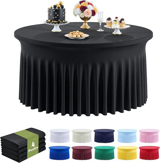 Outpain 4 Pack Black Round Spandex Tablecloth for 60 Inch/5FT Tables - Stretchy Table Cloth with Skirt, Wrinkle-Free Fitted Cloth for Wedding Vendor, Banquet & Graduation Decor (120" Round)