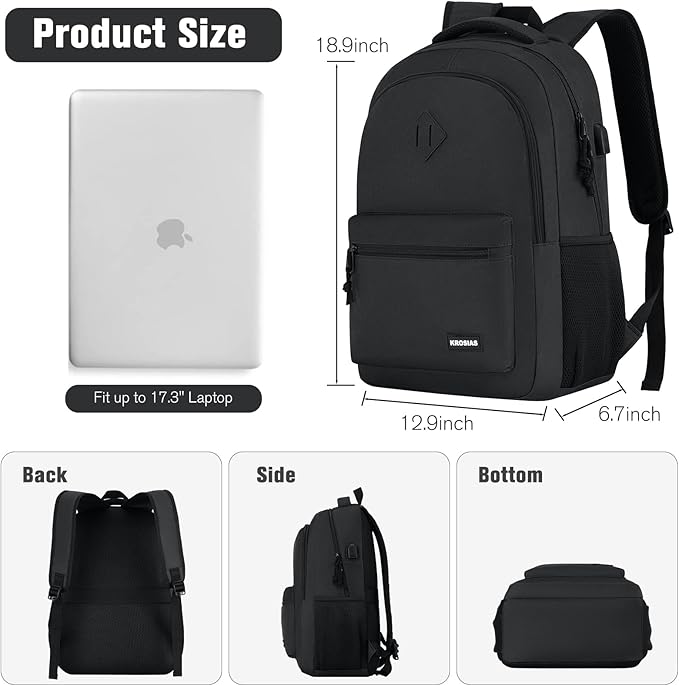 Black Backpack for Men and Women, School Backpack Teens Boys and Girls 17.3 Inch Laptop Bookbag with USB Charger for High School College Work Travel Business