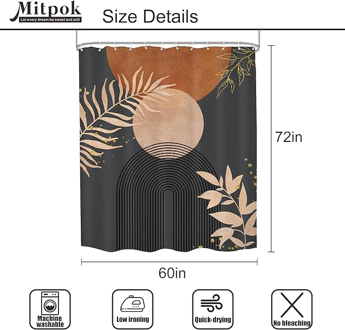 Dark Grey Brown Boho Modern Shower Curtain Mid Century Abstract Minimalist Burnt Orange Gold Leaf Arch Geometric Plant Neutral Bathroom Decor 60Wx72H Bath Curtain Fabric Polyester 12 Pack Hook