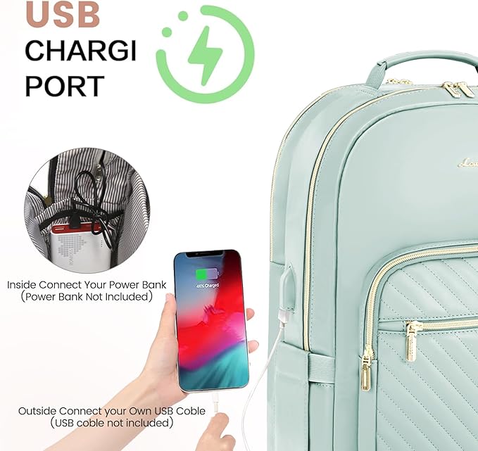 LOVEVOOK Leather Backpacks for Women,15.6 inch Leather Laptop Backpack Women Computer Backpack Laptop Bag,Stylish Quilted Travel Backpack Purse Work College Teacher Backpacks with USB Port,Mint Green