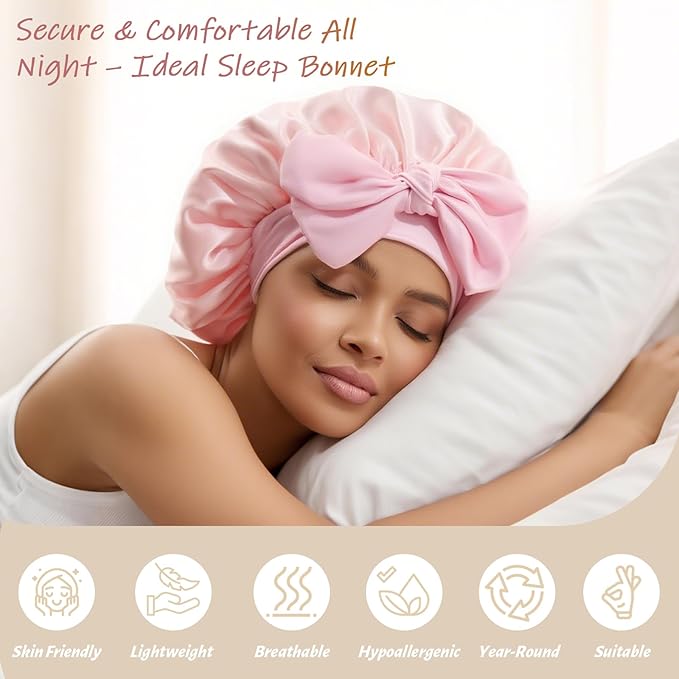 Silk Bonnet for Sleeping Women Satin Hair Cap with Tie Brand Curly Hair Sleep Protection Silk Head Wrap Double Layer - Pink
