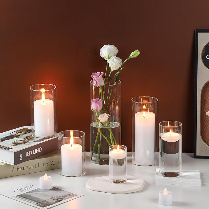 UDU 4 Pack Cylinder Glass Vases for Centerpiece 4,6,8,10 Inch Tall Clear Flower Vase Hurricane Candle Holder Floating Candle Vases for Table Centerpiece Wedding Home Decor