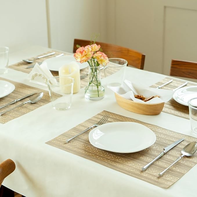 Placemats Set of 8 Vinyl/Plastic Woven Place Mats for Kitchen Table Indoor/Outdoor Washable Placemat Wipeable Dining Table Mats (Aurora Gold,8)