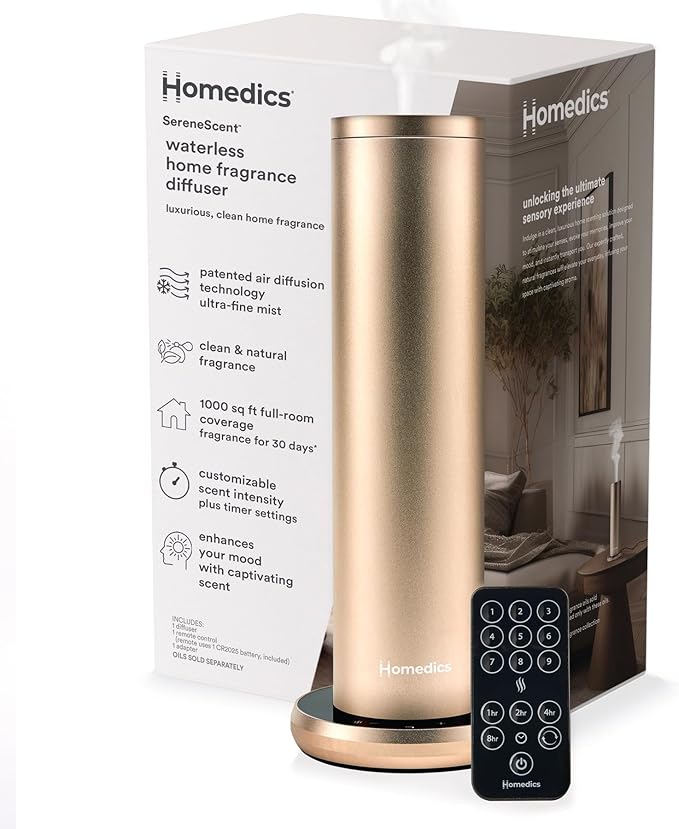 Homedics SereneScent Waterless Home Fragrance Diffuser, Use with Homedics SereneScent Oil (Sold Separately), Patented Air Diffusion Technology, Clean & Natural Fragrance, Enhances Mood, Champagne