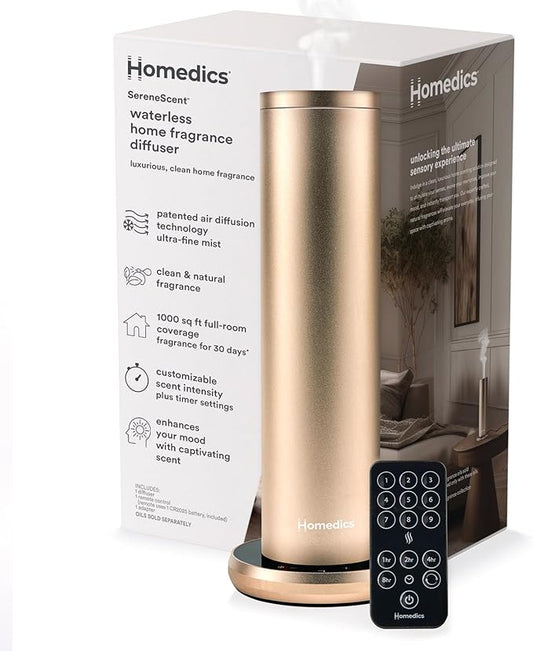Homedics SereneScent Waterless Home Fragrance Diffuser, Use with Homedics SereneScent Oil (Sold Separately), Patented Air Diffusion Technology, Clean & Natural Fragrance, Enhances Mood, Champagne