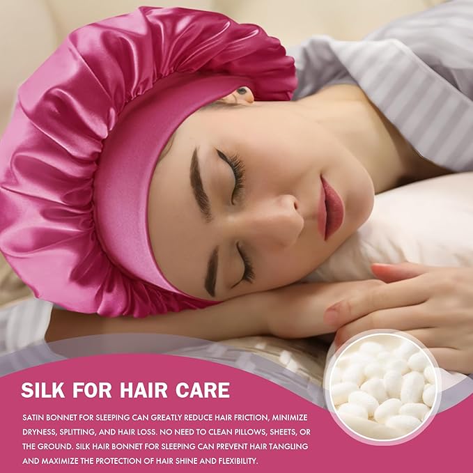 Satin Silk Bonnet for Sleeping, Double Layer Silk Sleep Cap for Men & Women, Soft Satin Lined Bonnet for Natural & Curly Hair(Hot Pink)