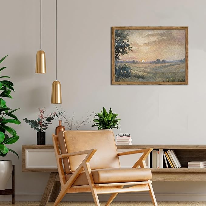 Framed 3D Textured Wall Art, Vintage Fall Sunset Wall Decor Painting, Hand Drawn Sandstone Nature Watercolor Landscape Pictures for Living Room Bedroom Home Decor 16x24 inch Wood Frame