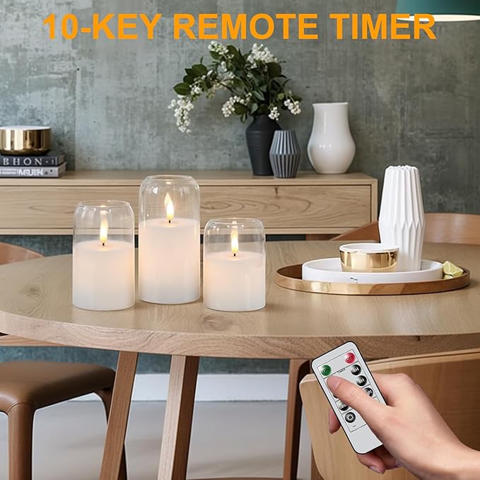 GenSwin Glass Flameless Candles with Remote Timer, Clear Battery Operated Candles with Flickering Flame, Glass and Real Wax LED Pillar Candle for Halloween Christmas Home Decor(Set of 3, D3”x4”5”6”)