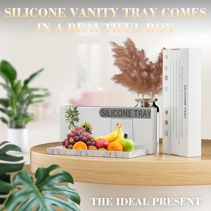 BBK Bathroom Vanity Tray 11.8 in- 2 Pack(Large) Silicone Bathroom Tray for Counter, Perfume Key Trinket Ring Tray, Decor Soap Dispenser Countertop Tray for Kitchen Sink Organization(Faux Marble Look)