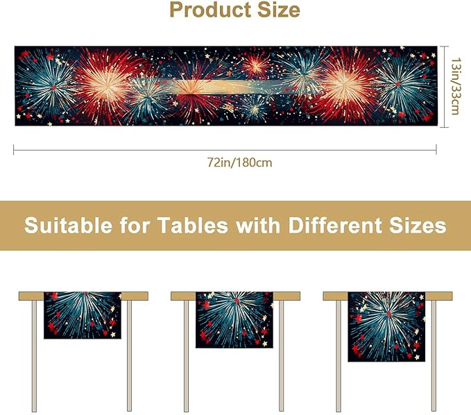 Blue Red Fireworks Burlap Table Runner Seasonal Spring Fall Kitchen Dining Linen Table Decoration for Indoor Outdoor Home Party Dinner 13x72 Inch