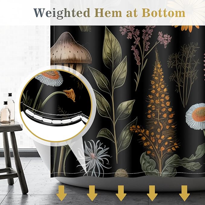 Aimego Mushroom Floral Shower Curtain - Boho Vintage Plants Flowers Retro Bohemian Botanical Nature Bath Shower Curtain Set with 12 Hooks for Adults Bathroom Decor Accessories, 72"x72" Black