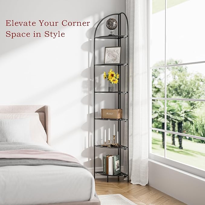 Crofy Foldable 6 Tier Corner Shelf, Metal Corner Plant Stand with Black Frame and Black Shelves, Corner Display Rack Multipurpose Shelving Unit for Living Room, Bedroom, Bathroom