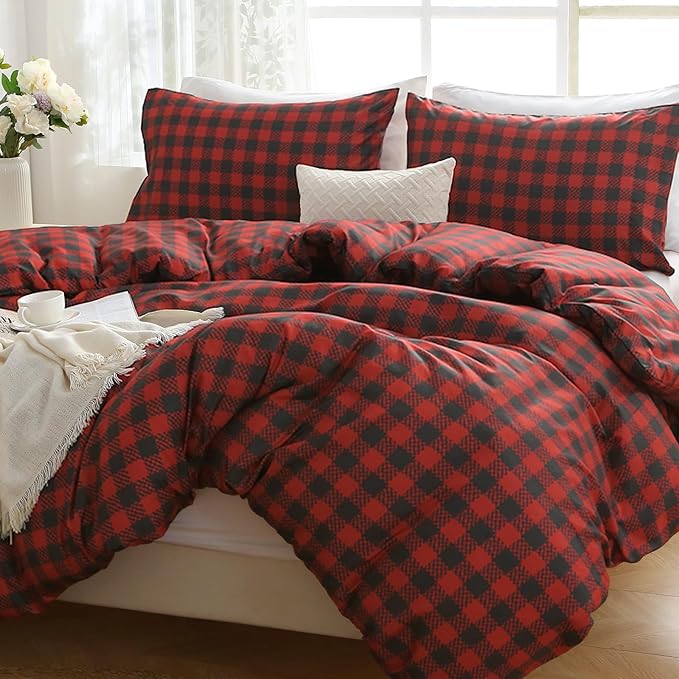 MUXHOMO Duvet Cover Full Size Floral Duvet Cover Set with Zipper Closure, Red Plaid Bedding Set, 3 Pieces, 1 Duvet Cover 80"x90" with 4 Corner Ties and 2 Pillowcases 20"x26"