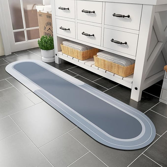 MontVoo Bath Mat Runner - Long Non Slip Absorbent Quick Dry Thin Bath Rug for Bathroom Floor Mat - Rubber Backed - Stain Resistant - Easy Care - Blue 17"x70"