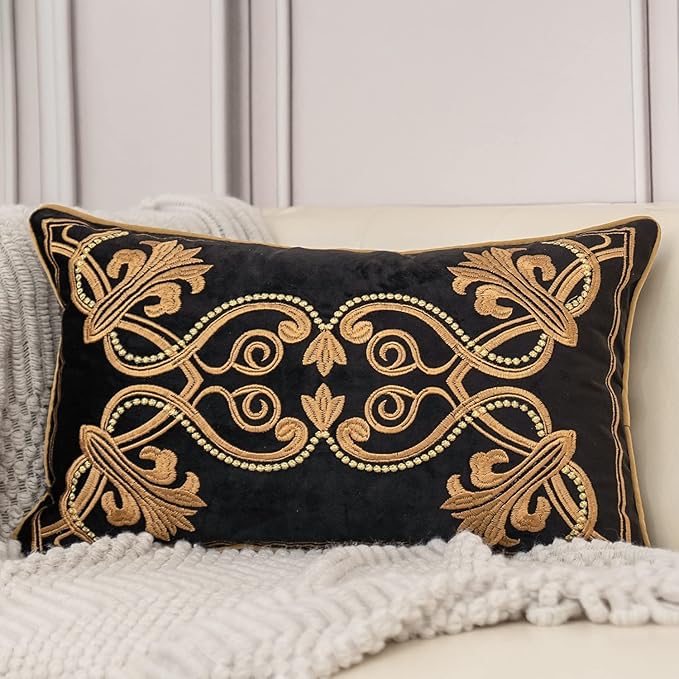 Aeckself European Floral Pillow Cover 12x20 Inch, Luxury Velvet Embroidered Decorative Lumbar Throw Pillow Cover for Couch Bedroom Living Room, Black and Gold