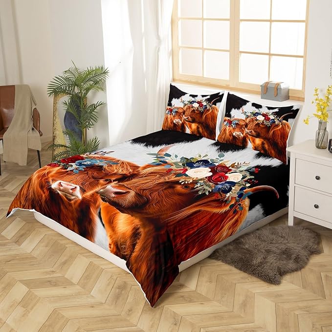 Brown Highland Cattle Bedding Sets King Size, Black and White Milk Cow Fur Hair Skin and Flowers Duvet Cover with 2 Pillowcases, Natural Farmhouse Animal Comforter Cover for Adult Couple Present