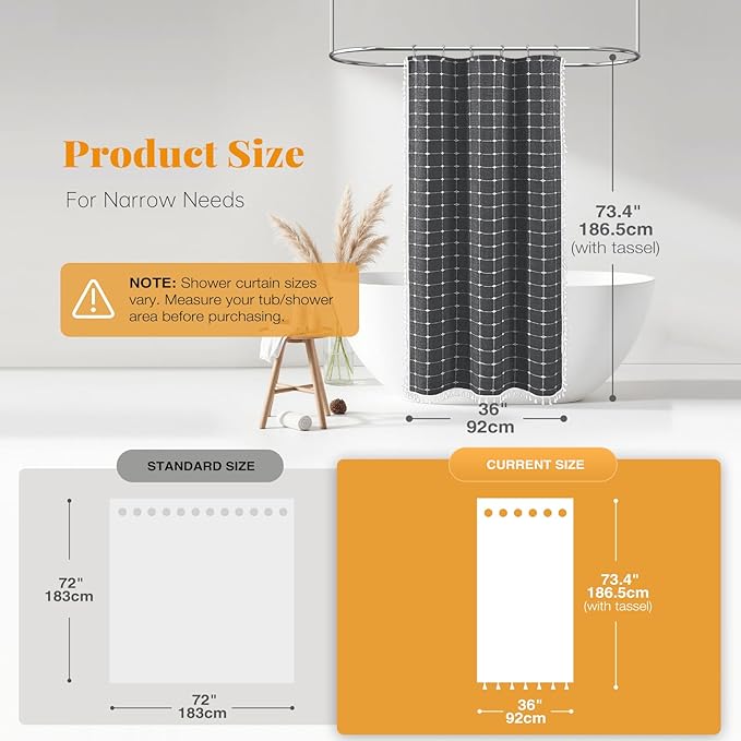 BTTN Boho Shower Stall Curtain - 36x72 Narrow Linen Ultra Thick Tassel Fabric Shower Curtain Set with 6 Plastic Hook, Half Camper RV Modern Farmhouse Country Shower Curtain for Bathroom, Charcoal Grey