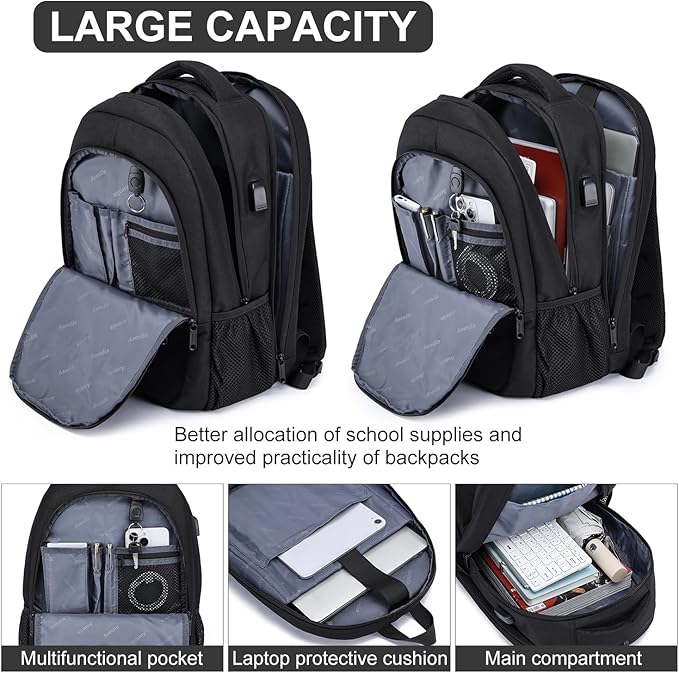 Asenlin Travel Laptop Backpack for Women & Men,Water Resistant Business Slim Sturdy Laptops Backpack with USB Charging Port,Fits 17.3 Inch Notebook College School Computer Bag-Black