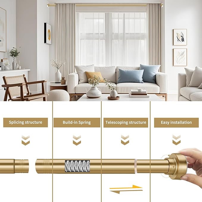YNL Shower Curtain Rod 34-120 Inches, Adjustable Gold Shower Rod No Drilling, Non-Slip, Never Rust, Stainless Steel, Suitable for Bathroom Living Room, Gold