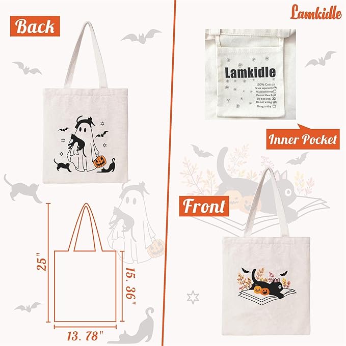 Cute Ghost Tote Bag Black Cats Tote Bag Halloween Cotton Canvas Bag for Women Gift Reusable Grocery Bag Shopping Beach Shoulder Bag