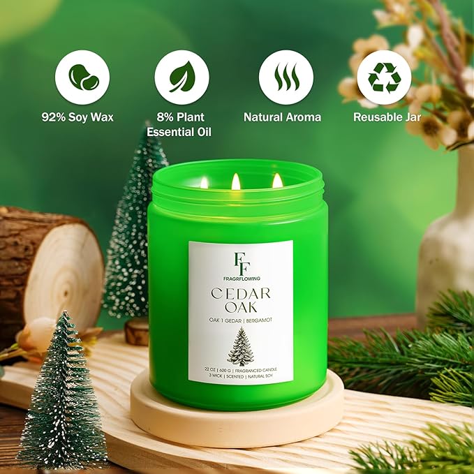 Cedar Oak Large Scented Candle, 3-Wick 22oz Long Lasting Scented Candle, Natural Soy Wax Aromatherapy Candle for Home, Autumn Candle Gifts for Women Men