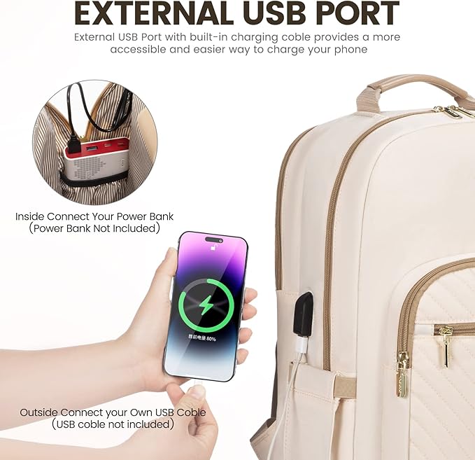 LOVEVOOK Laptop Backpack for Women 17.3 inch,Cute Womens Travel Backpack Purse,Professional Laptop Computer Bag,Waterproof Work Business College Teacher Bags Carry on Backpack with USB Port,Off-white