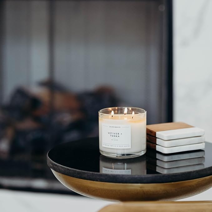 Calyan Wax Co. 3 Wick Candle, Vetiver + Tonka Scented Candle, 43 Hour Burn Time, 3 Wick Soy Candles, Non Toxic & Vegan Soy Wax, Glass Jar Scented Candles, 14.9oz