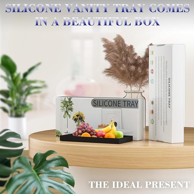 BBK Bathroom Vanity Tray 7.8 in - 2 Pack(Small) Silicone Bathroom Tray for Counter, Perfume Key Trinket Ring Tray, Decor Soap Dispenser Countertop Tray for Kitchen Sink Organization (Black)