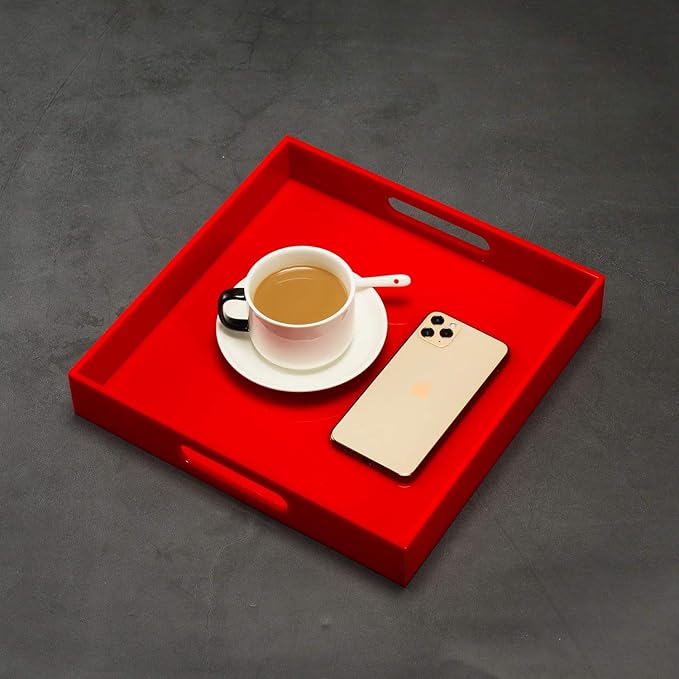 Sturdy Red Acrylic Serving Tray with Handles - 12x12 Inch - Coffee & Appetizer Platter - Kitchen Counter & Vanity Organizer