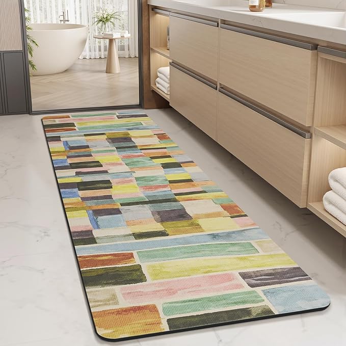 MontVoo -Bath Mat-Non Slip Thin Bathroom Rugs Fit Under Door- Quick Dry Absorbent Faux Suede Surface Grey Bathroom Floor Mats-Shower Rug for in Front of Bathtub Shower Colorful Plaid 17x59
