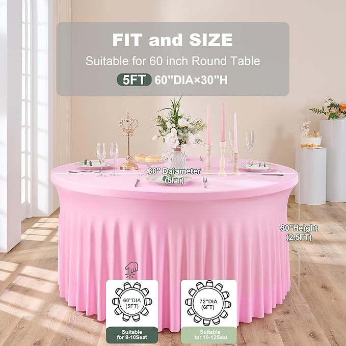 Outpain 6 Pack Spandex Pink Round Tablecloths for 60in Tables, 120Inch Stretchy Fitted 5FT Round Table Clothes,Wrinkle Free Table Cover with Skirt for Wedding Party Dining Banquet