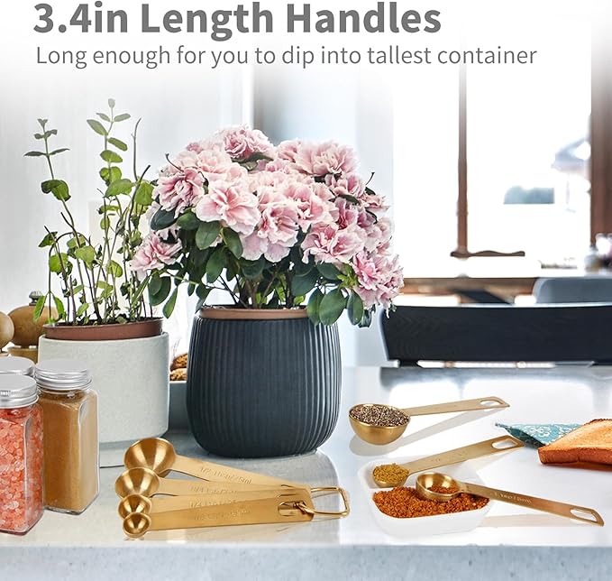 Measuring Spoons,304 Stainless Steel Measuring Cups & Spoon Set of 7 Piece:1Tbsp&1/2Tbsp,1tsp,3/4tsp,1/2tsp,1/4tsp,1/8tsp Teaspoon Coffee Scoop Tablespoon for Dry and Liquid Ingredients,Gold