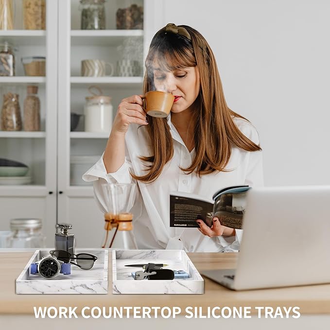 BBK Bathroom Vanity Tray 11.8 in- 2 Pack(Large) Silicone Bathroom Tray for Counter, Perfume Key Trinket Ring Tray, Decor Soap Dispenser Countertop Tray for Kitchen Sink Organization(Faux Marble Look)