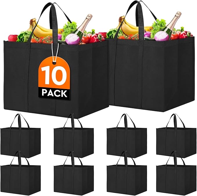 WISELIFE Reusable Grocery Shopping Bags 10 Pack Large Foldable Tote Bags Bulk, with Long Handle for Shopping Groceries Clothes (Black)