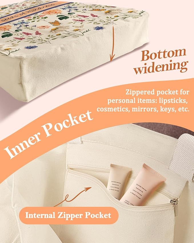 Aesthetic Heavy Canvas Tote Bag with Pocket for Women, Cloth Gusseted Totes Bag with Pattern for Shopping