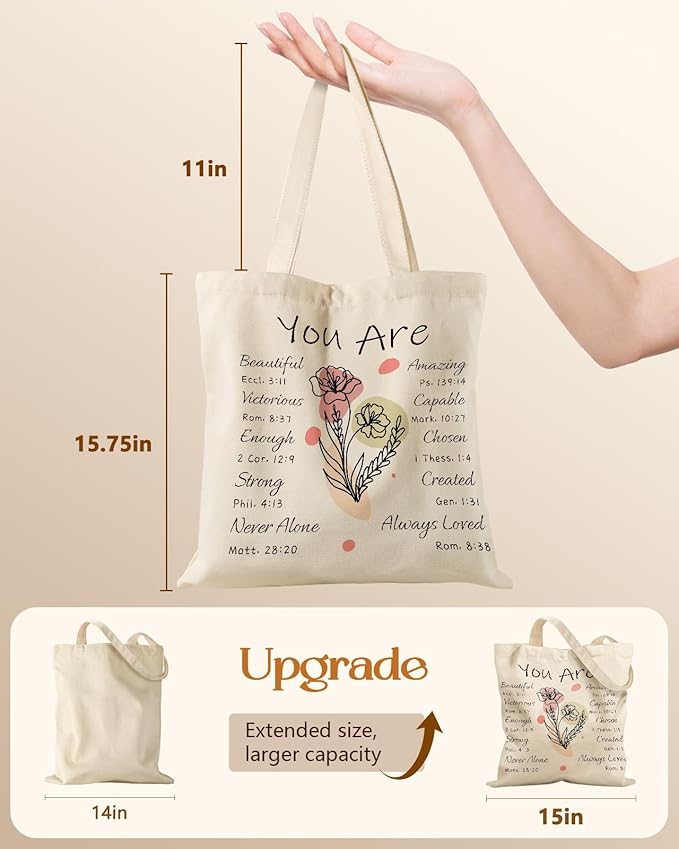 Canvas Tote Bag for Women – Aesthetic Canvas Bag with Zipper Cute Stylish Reusable Shoulder Totes for Shopping Work Daily Vacation, Purple Flower Bible