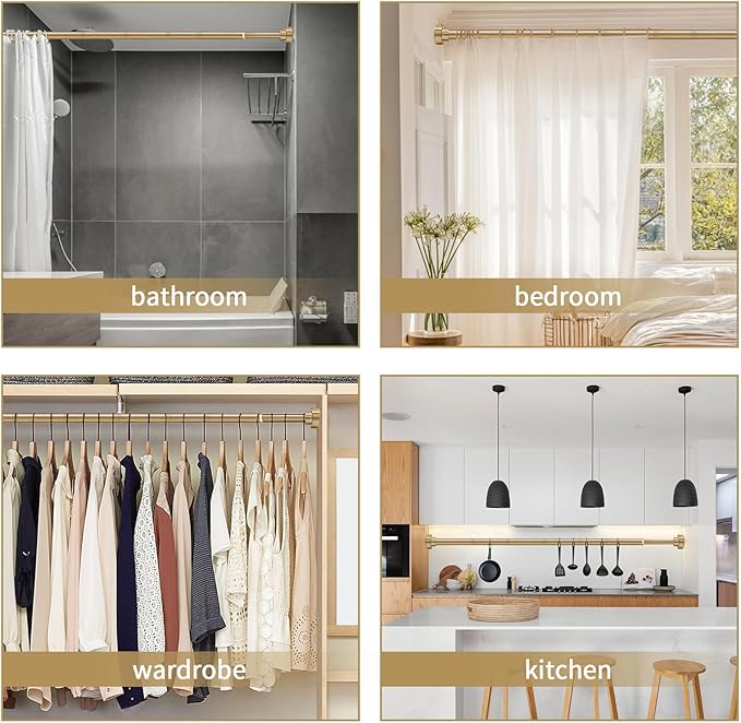 YNL Tension Shower Curtain Rod 34-96 Inches（2.8-8ft) Adjustable Spring Shower Rod No Drilling, Non-Slip, Never Rust, Stainless Steel, Suitable for Bathroom Window Kitchen, Gold