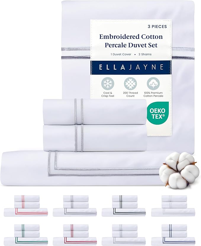 Ella Jayne Duvet Cover Queen Size (3 Pieces), 100% Cotton Percale, Full/Queen, Soft, Breathable & Lightweight, Including Duvet Cover (1 Piece) 90 x 90 Inches with 2 Pillow Shams (Silver Design)
