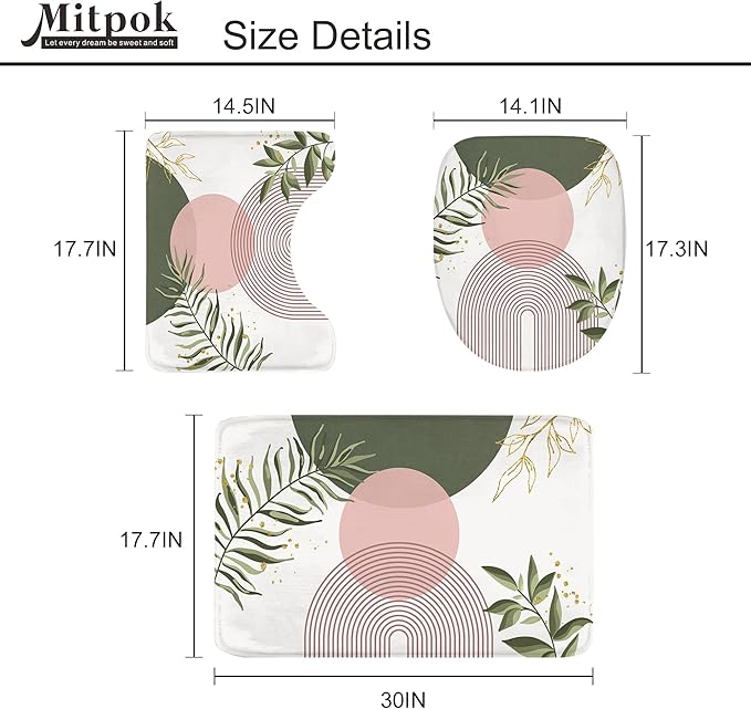 4 PCS Pink Sage Green Boho 72Wx72H Shower Curtain Set Modern Mid Century Plant Bath Rug Toilet Lid Cover Nonslip U Shape Mat Quick Dry Rubber Backed Dirt Resistant Accessories Bathroom Decor