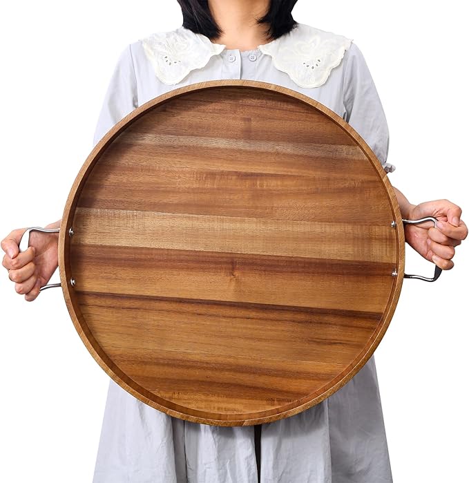Ottoman Tray with Handles, 20 Inch Round Ottoman Tray Large Trays for Ottomans Wooden Serving Tray Decorative Trays for Living Room, Party, Breakfast, Drinks, Snacks, Appetizers