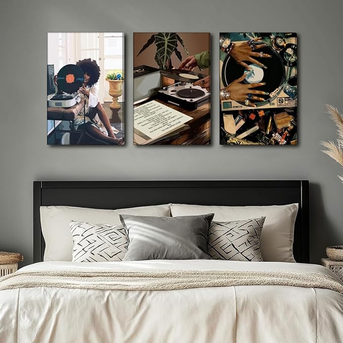 Framed Black Girl Canvas Wall Art 3Pcs black Girl Record Music Wall Decor Pictures Funky Black Girl Posters prints for Modern Black Woman Bedroom Home Decoration 12x16in