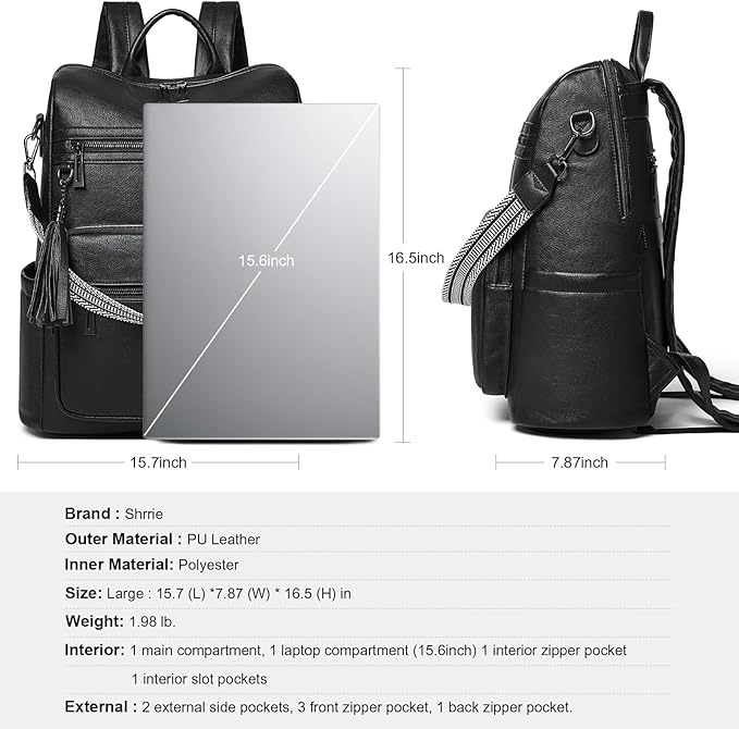 Shrrie 15.6 inch Laptop Backpack for Women,Large Leather Backpack Purse,Travel,Carry on,Water Resistant Casual Laptop Backpacks,College Backpack,Work Backpack for Women,Two-tone Black
