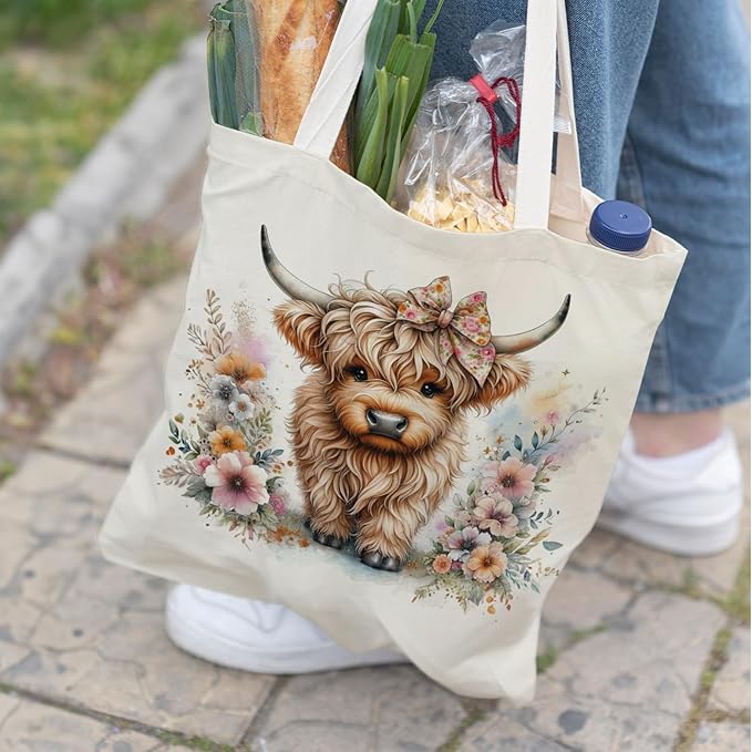 Western Highland Cow Canvas Tote Bag - Highland Cow Lover Gifts,Canvas Shoulder Bag for Women for Girls