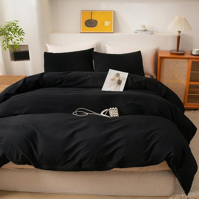 ECOCOTT Black Duvet Cover Oversized King Size - 100% Washed Cotton Durable Soft Comfy Duvet Cover Set, Lightweight and Breathable with Zipper Closure(120"x 98")