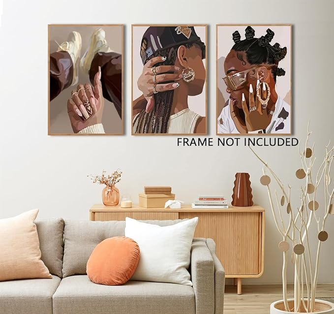 Marllifenney 3Pcs Black Girl Wall Art Posters Black Woman Decor Abstract African American Canvas Prints Modern Black Women Painting Black Female Pictures for Bedroom Living Room Dorm 12x16in Unframed