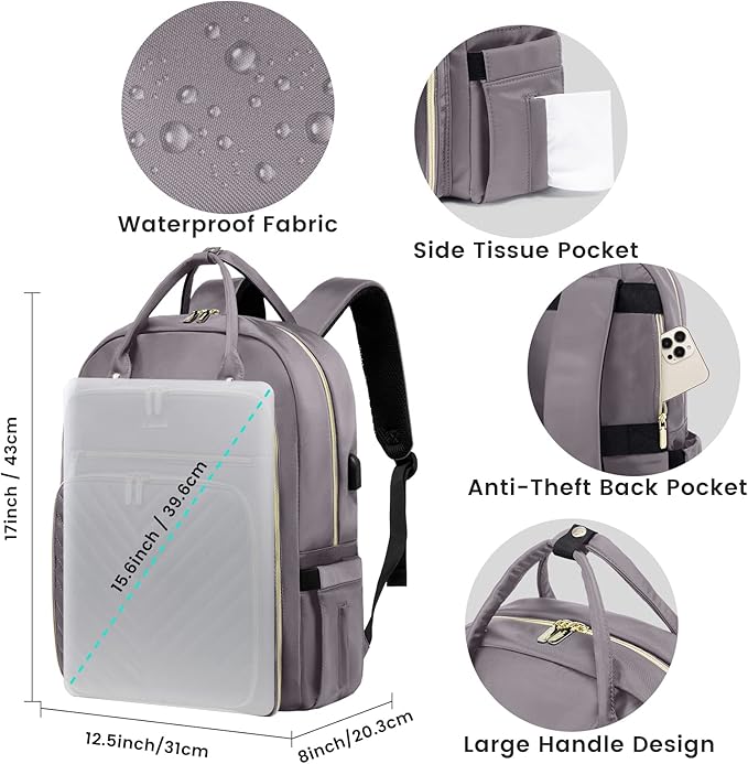 LOVEVOOK Womens Backpack,15.6 Inch Laptop Backpack for Work Travel, Large Capacity Work Backpack for Teacher Nurse, Computer Bag with USB Charging Port.Grey Purple.