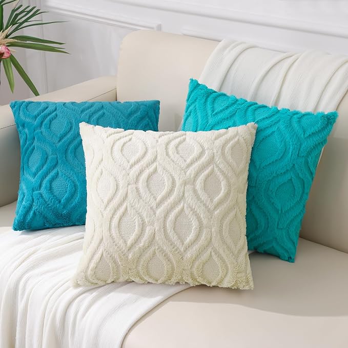 decorUhome Fall Throw Pillow Covers 16x16 Inch Set of 2, Soft Plush Decorative Faux Fur Teal Solid Couch Pillow Covers, Accent Farmhouse Neutral Square Euro Pillow Cases for Sofa Bed Living Room