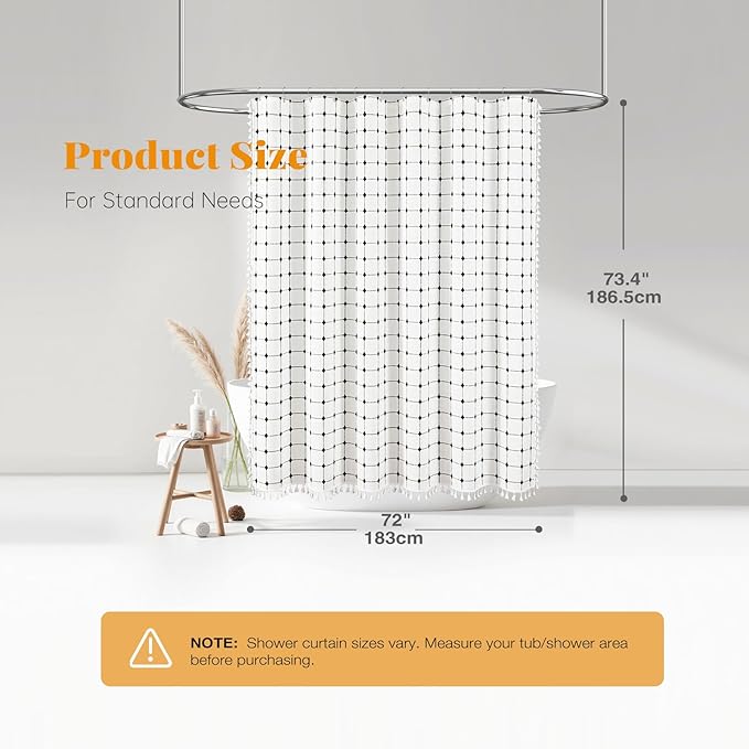BTTN White and Black Boho Shower Curtain - Linen Rustic Farmhouse Heavy Duty Fabric Shower Curtain Set with Tassel, Water Repellent, Bohemian Vintage Country Cloth Shower Curtains for Bathroom, 72x72