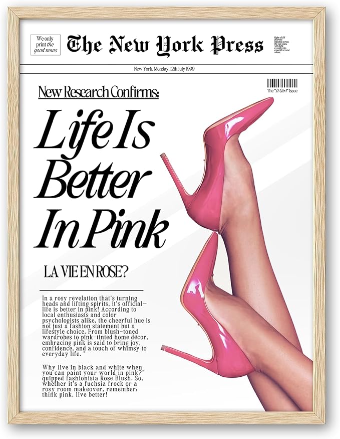 iHery Natural OAK Wood Retro Baby Pink News Framed Wall Art, 12x16 in Life Is Better In Pink Canvas Wall Decor, Beige Modern Trendy Newspaper Bedroom Decor, Set of 1 For Bathroom Living Room